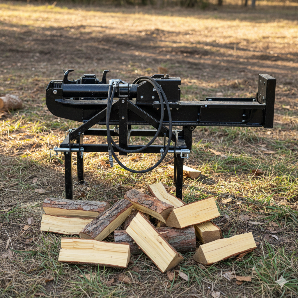 A Paddock Tractor 3pt Mount Log Splitter by Paddock stands on grass outdoors next to freshly split firewood, with trees and sunlight in the background.