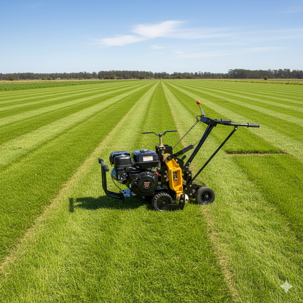 A Paddock Turf Cutters - Self Propelled machine by Paddock, in yellow and black, is on a neatly striped lawn under a clear blue sky, surrounded by expansive green grass fields.