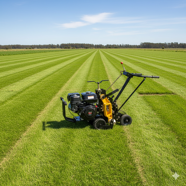 A Paddock Turf Cutters - Self Propelled machine by Paddock, in yellow and black, is on a neatly striped lawn under a clear blue sky, surrounded by expansive green grass fields.