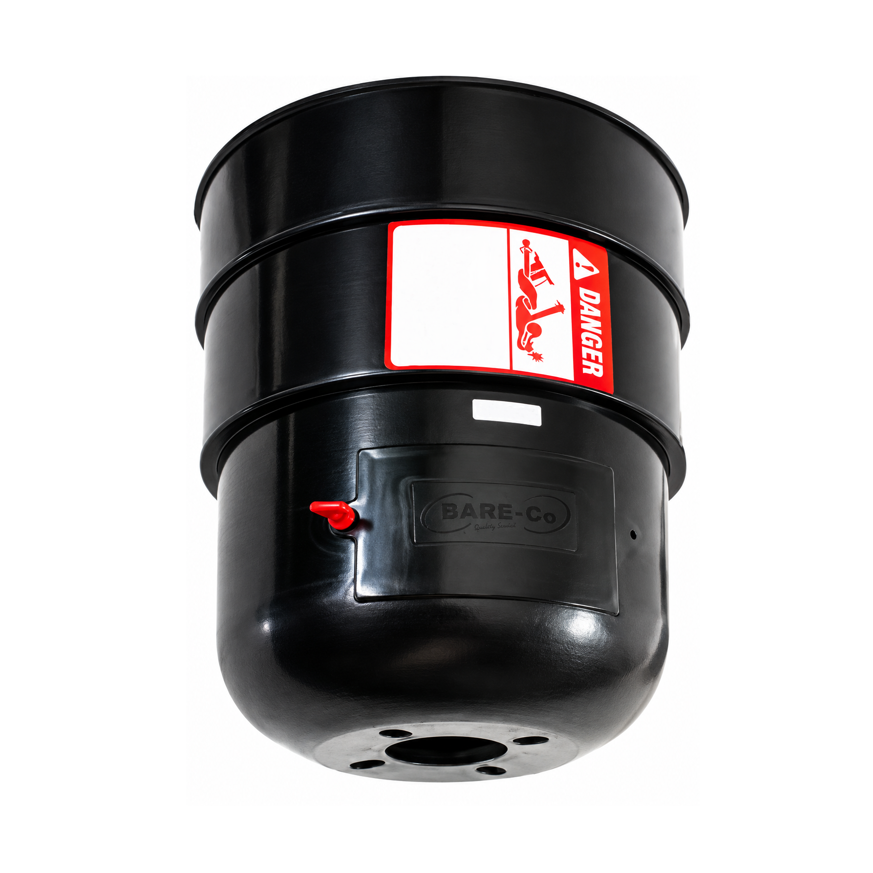 A BARE-Co PTO Safety Cover – 10″ / 250mm (designed to suit an 8″ safety clutch) in black, featuring a prominent warning label with a red danger symbol, spout, and embossed BARE-Co logo on the front—typically used with PTO guards for enhanced agricultural machinery safety—is shown photographed against a white background.