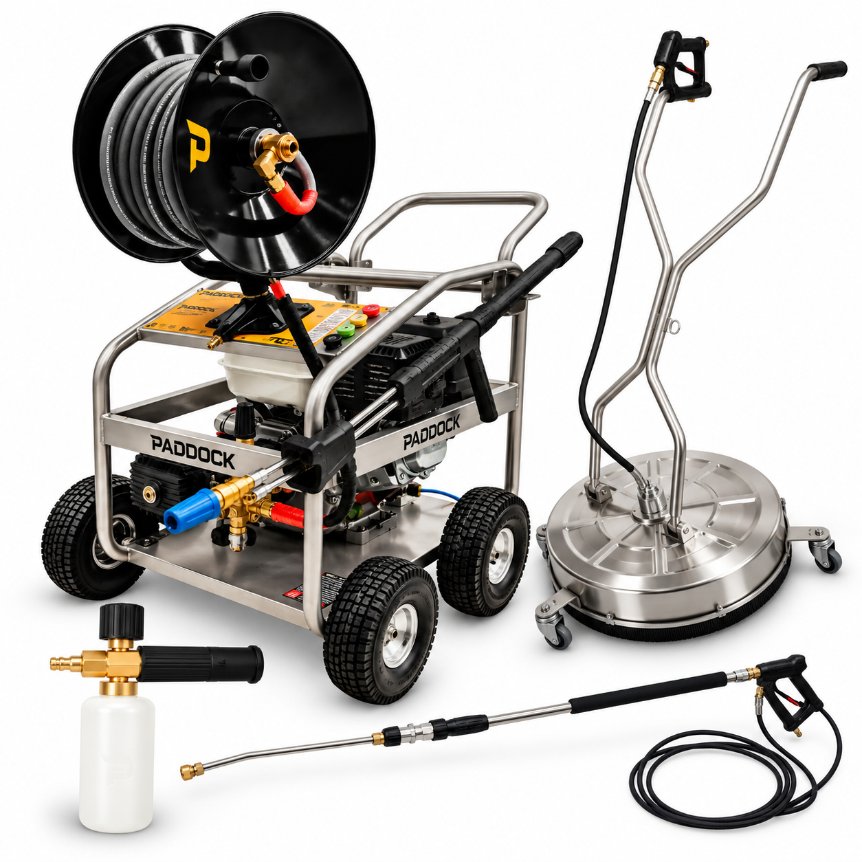 Paddock™ 3,600 PSI Pressure Washer Start-up Bundle featuring a hose reel, a 3-nozzle surface cleaner attachment, a detergent spray gun, and a long spray wand.