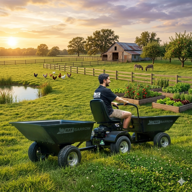 A man drives a Paddock RAT Ride-on Articulating Tipping Barrow beside raised garden beds on a farm at sunset, with chickens by a pond, donkeys, and a barn in the background.