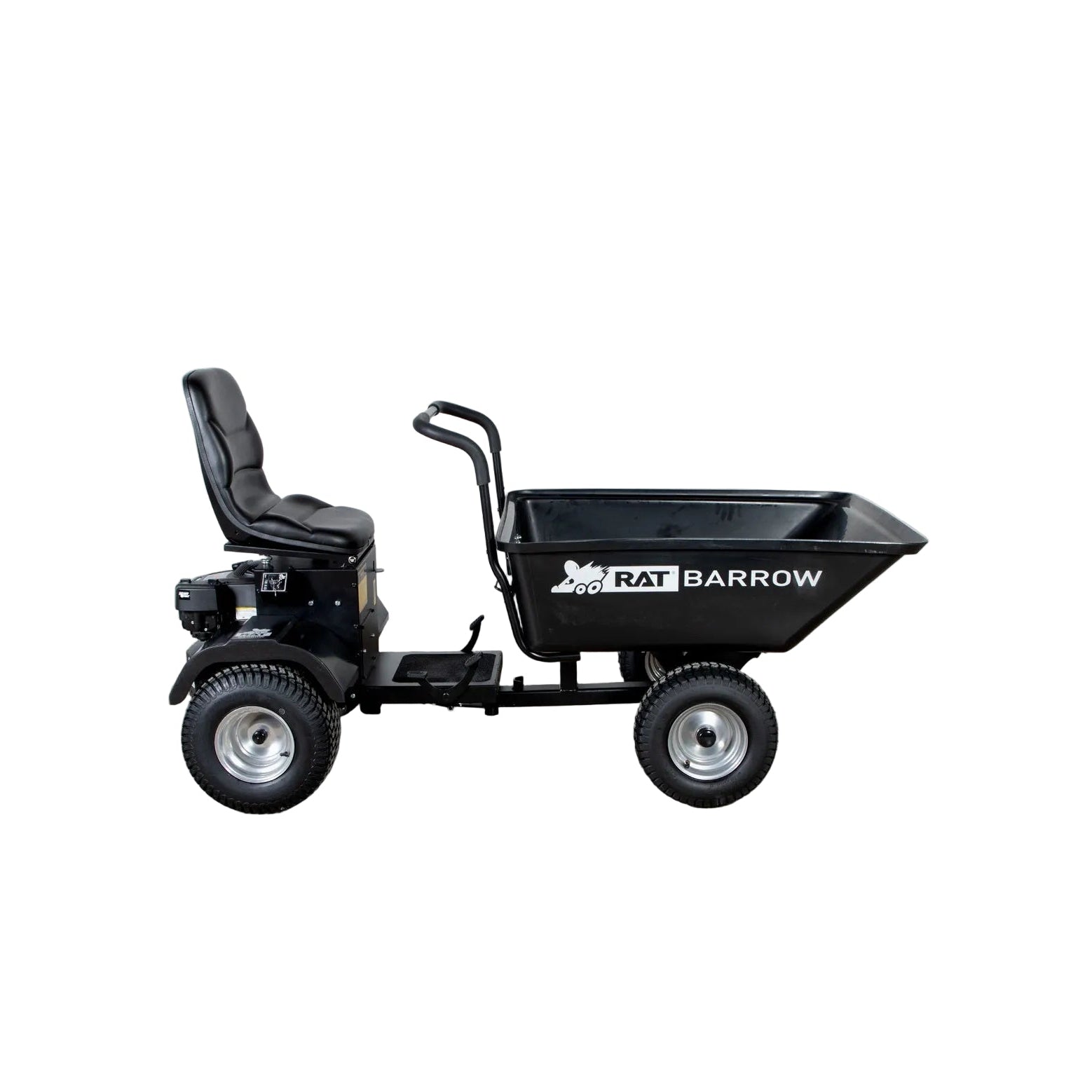 The Paddock RAT Ride-on Articulating Tipping Barrow features a single seat, four large tires, handlebars, and a deep cargo bin labeled "Rat Barrow," shown on a white background.