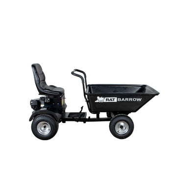 The Paddock RAT Ride-on Articulating Tipping Barrow features a single seat, four large tires, handlebars, and a deep cargo bin labeled "Rat Barrow," shown on a white background.
