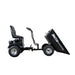 Side view of a Paddock RAT Ride-on Articulating Tipping Barrow featuring a black seat, steering handle, and large black tipping container labeled "RAT Barrow" in white letters.