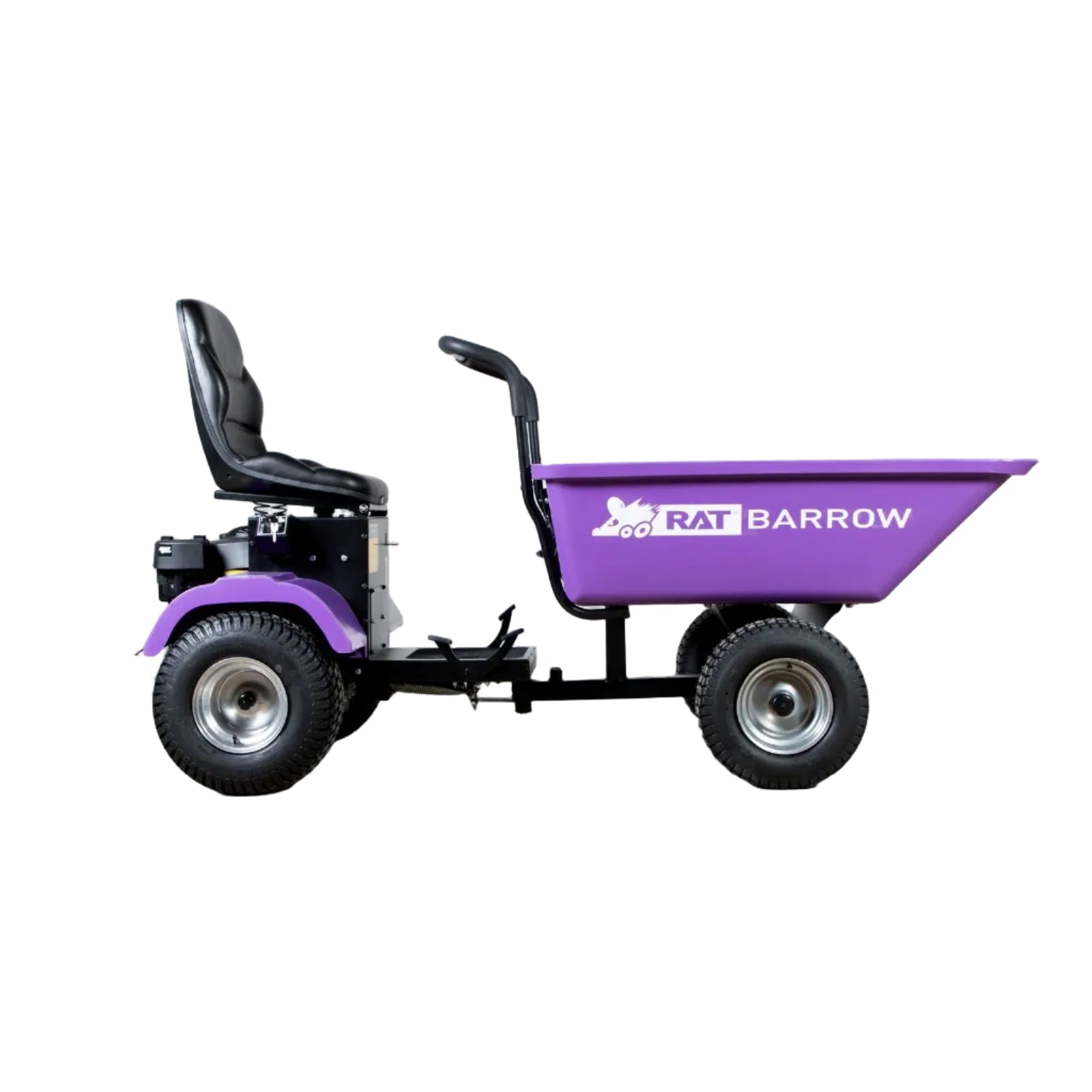 Side view of a purple Paddock RAT Ride-on Articulating Tipping Barrow featuring a seat, steering wheel, four large tires, and "RAT BARROW" text with a white rat graphic on the side. Plain white background.