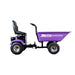 Side view of a purple Paddock RAT Ride-on Articulating Tipping Barrow featuring a seat, steering wheel, four large tires, and "RAT BARROW" text with a white rat graphic on the side. Plain white background.