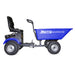 Side view of a blue Paddock RAT Ride-on Articulating Tipping Barrow with seat, steering handle, four large tires, and branded container featuring a rat logo—an innovative ride-on wheelbarrow design.