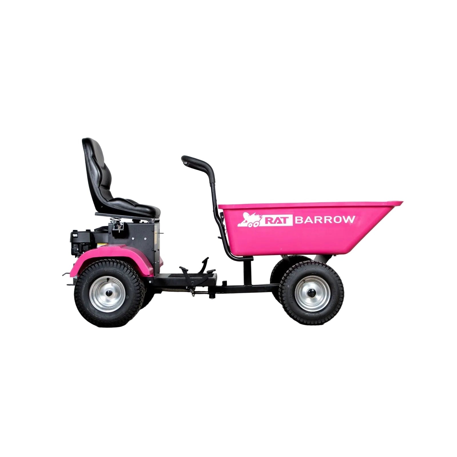 The Paddock RAT Ride-on Articulating Tipping Barrow is a pink, motorized cart with a seat, steering handle, four large tires, and a spacious front bin for heavy loads—ideal for tough jobs. "RAT BARROW" is labeled on the side.