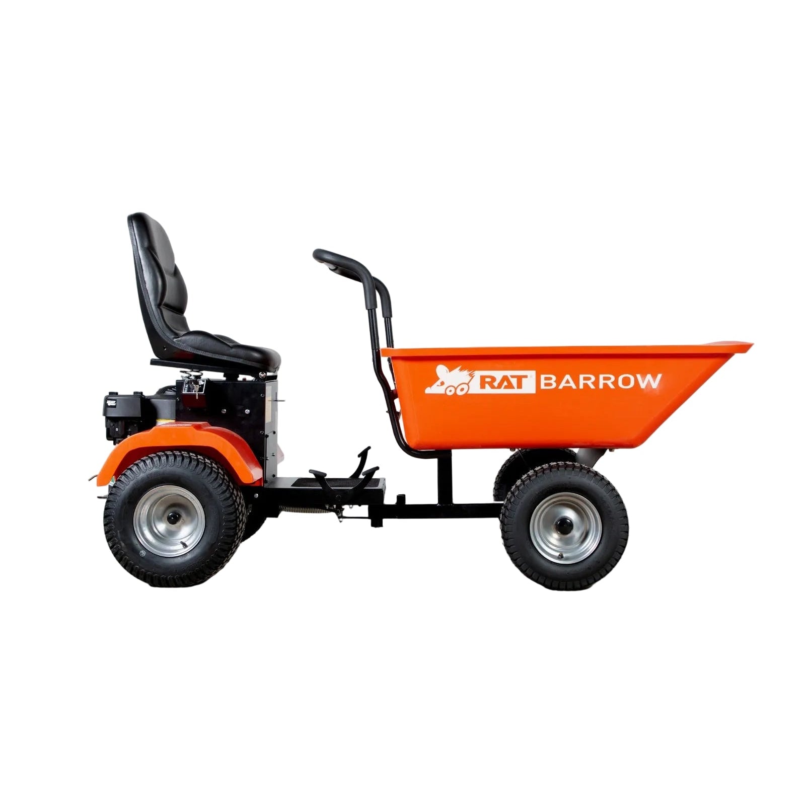 Side view of a Paddock RAT Ride-on Articulating Tipping Barrow, in orange, with black seat, steering handles, and four large wheels on a white background.