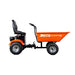Side view of a Paddock RAT Ride-on Articulating Tipping Barrow, in orange, with black seat, steering handles, and four large wheels on a white background.