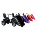 Four Paddock RAT Ride-on Articulating Tipping Barrows in black, purple, orange, and pink are displayed side-by-side. Each features a large front bin with the RAT BARROW logo, a seat, handlebars, and an articulated tipping mechanism.
