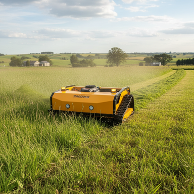 Paddock Yellow radio controlled mower in a field with a scenic background
