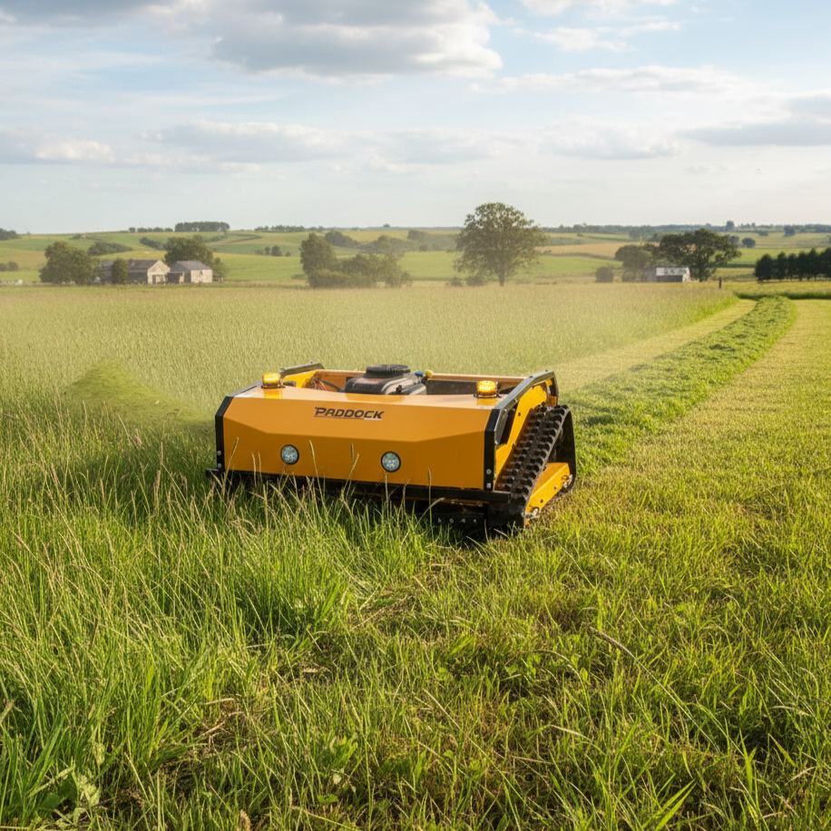 Paddock Yellow radio controlled mower in a field with a scenic background