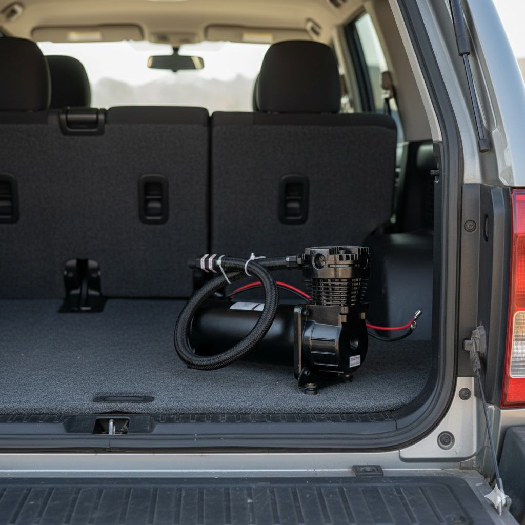 A Scintex On-board Air Compressor (51 L/min) is installed in the cargo area of an SUV with the rear hatch open, displaying the folded rear seats and spacious trunk.