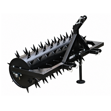 The Paddock™ 3-Point Drum Spike Aerator – 1500mm / 60″, Cat I by Paddock features a black metal cylindrical drum covered in spikes, mounted on a durable frame designed for easy tractor attachment, and is shown against a white background.