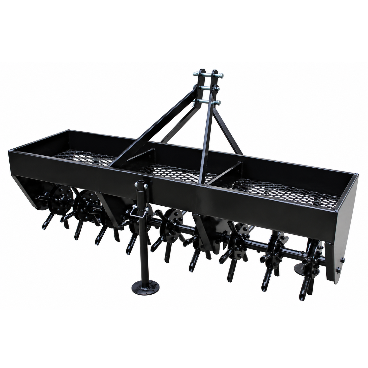 The Paddock™ 3-Point Plug Aerator – 60″ / 1500mm, Cat 0 & I by Paddock is a black metal agricultural soil aerator attachment featuring rotating spikes and a rectangular hopper, designed for mounting on tractors or similar machinery to provide efficient core aeration.