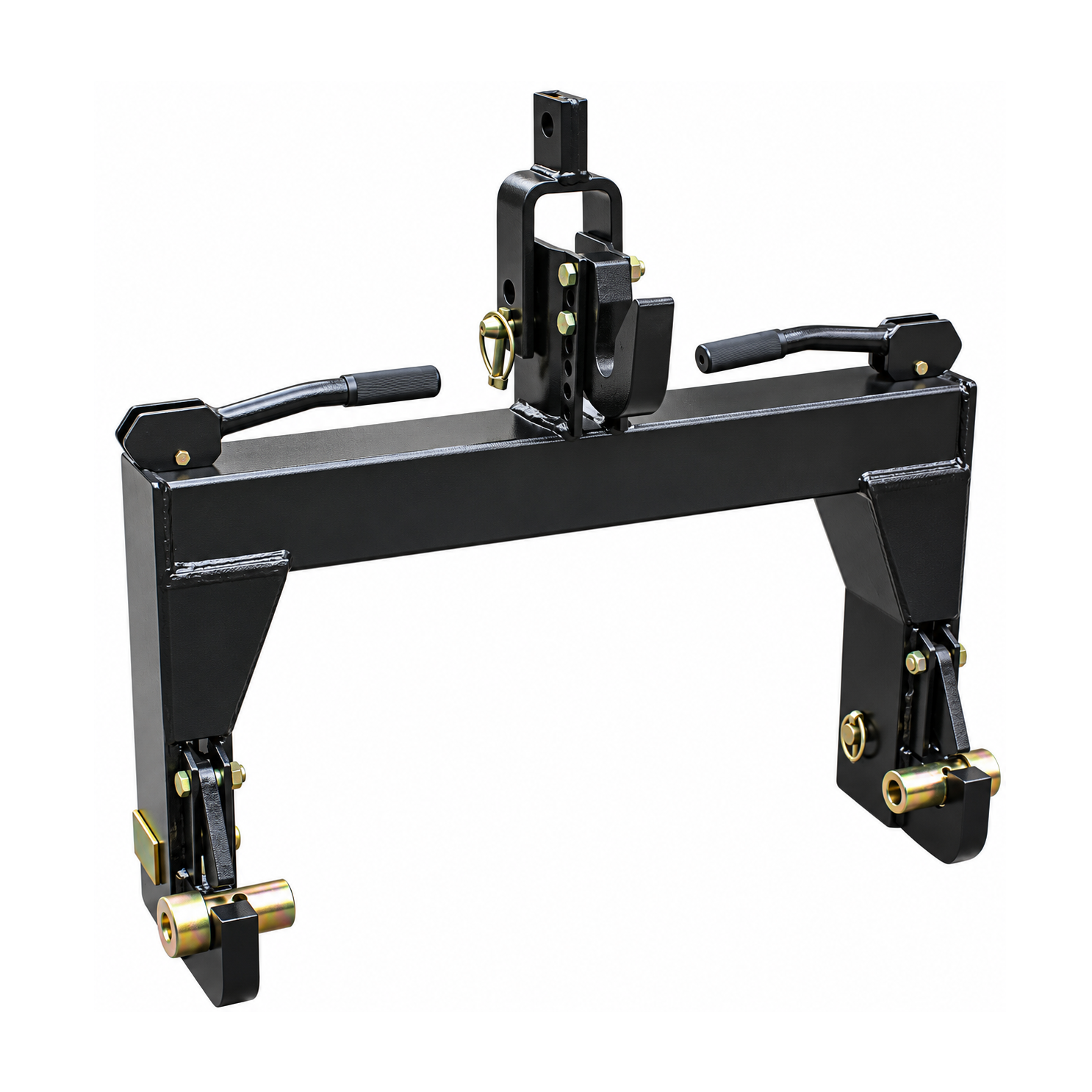 The Paddock™ 3-Point Quick Hitch – Cat I & Cat II by Paddock is a black metal quick hitch adapter for tractors, displayed against a white background, and features sturdy latch mechanisms, ergonomic handles, and durable mounting points for attaching to various tractor implements.