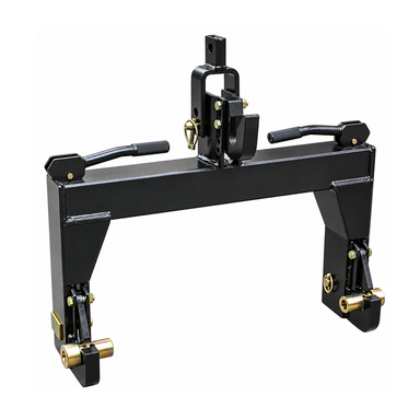 The Paddock™ 3-Point Quick Hitch – Cat I & Cat II by Paddock is a black metal quick hitch adapter for tractors, displayed against a white background, and features sturdy latch mechanisms, ergonomic handles, and durable mounting points for attaching to various tractor implements.
