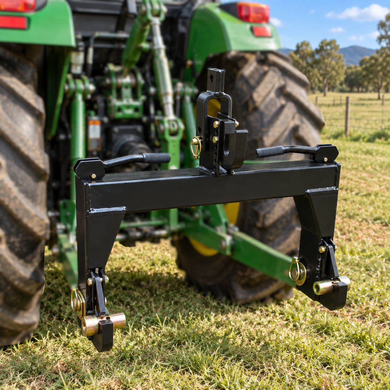 A Paddock™ 3-Point Quick Hitch – Cat I & Cat II from Paddock, finished in black, is attached to the rear of a green tractor. The setup is situated on grassy ground in a scenic rural outdoor area with trees and a fence in the background. This essential piece of Paddock tractor implement equipment enables fast and efficient connections for a variety of tasks around your property.