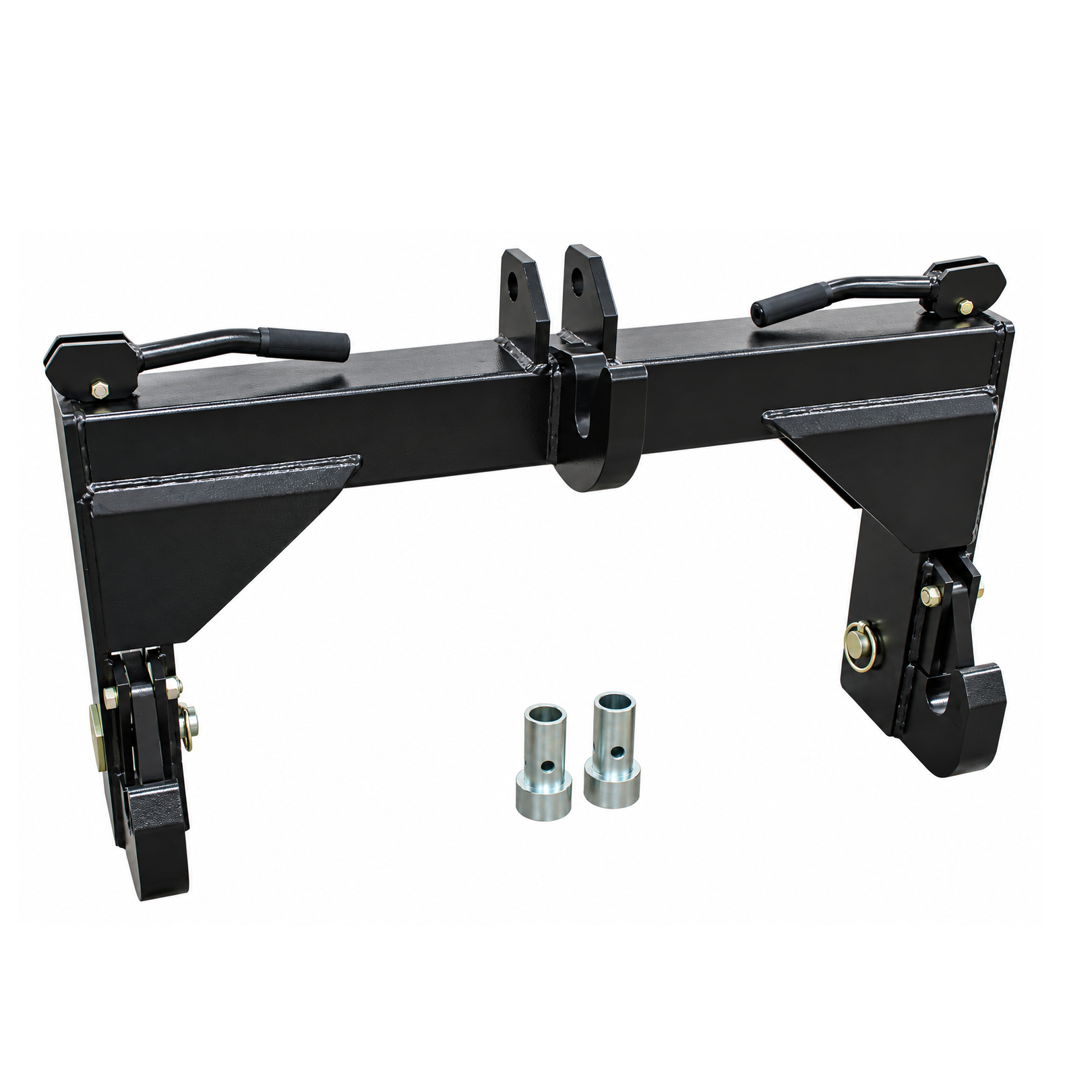 The Paddock™ 3-Point Quick Hitch – Cat I & Cat II by Paddock is a black metal hitch attachment featuring two handles and multiple mounting points, specifically designed as a 3-point quick hitch. Shown with two cylindrical metal bushings on a white background, it is ideal for use with various tractor implements.