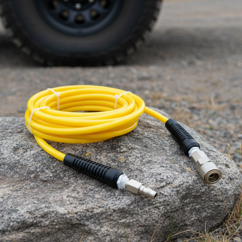 A coiled yellow Scintex Sherpa 4x4 Air Line Kit with black connectors sits on a gray rock outdoors, with a vehicle tire seen blurred in the background.