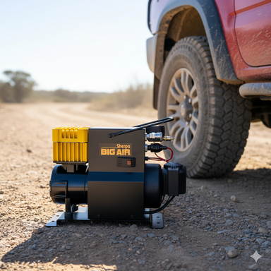 A Sherpa 4x4 'BIG AIR' Air Compressor (283 L/min) sits on a dirt road next to a red vehicle’s front wheel, suggesting off-road tire inflation with this heavy-duty 12V unit from Sherpa 4x4.