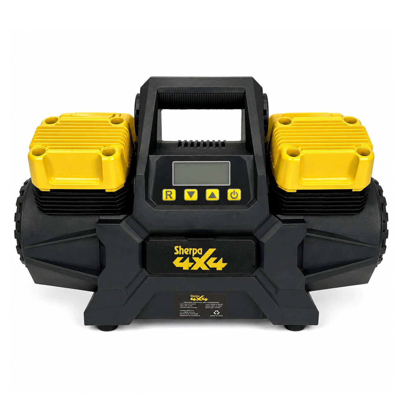 Front view of a black and yellow Sherpa 4x4 ‘BIG V4’ Air Compressor (400 L/min) with handle, digital display, and control buttons—featuring a pre-set pressure control system for quick and reliable off-road tyre inflation.