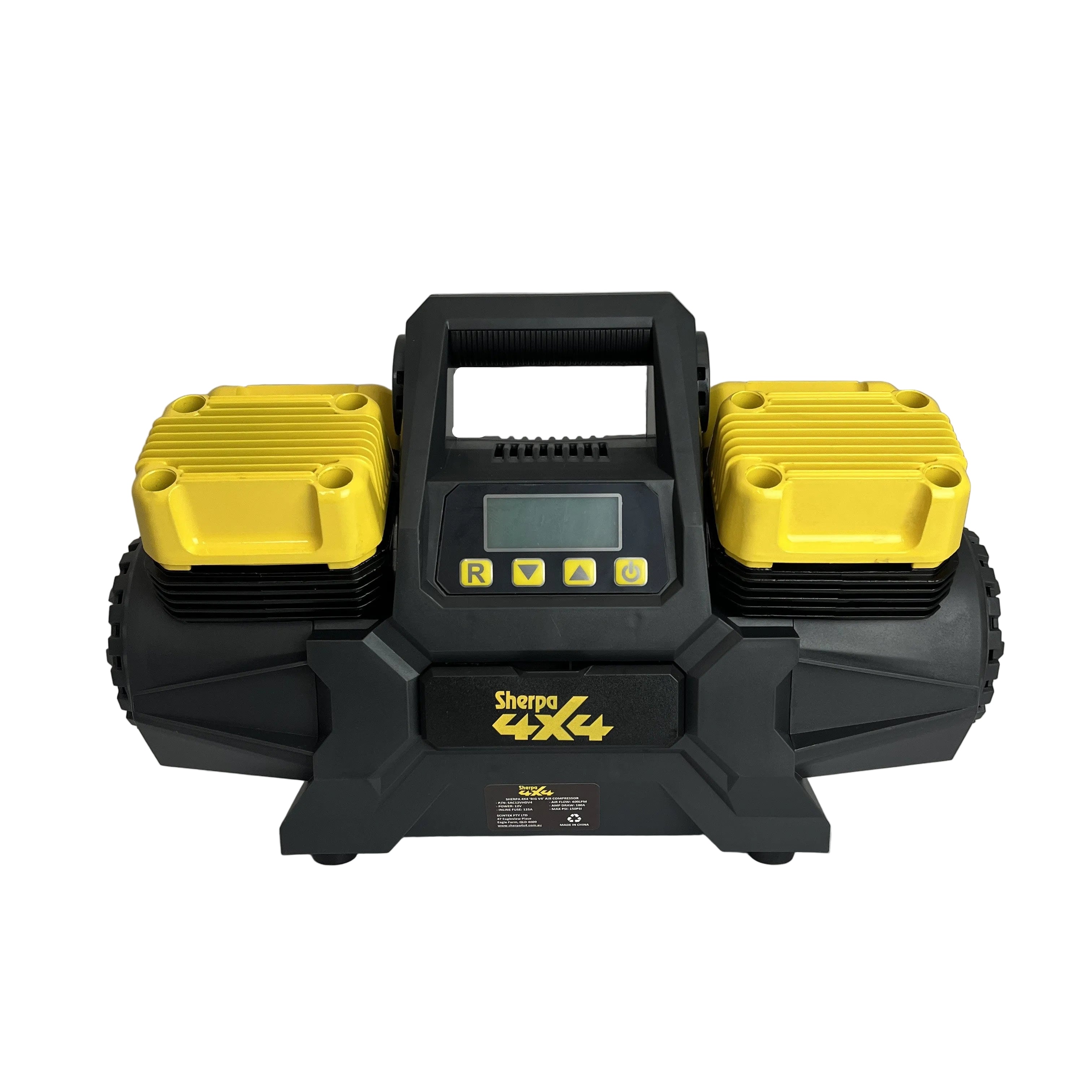 The Sherpa 4x4 ‘BIG V4’ Air Compressor (400 L/min) & Digital Tyre Deflator Bundle is a high-performance, portable black and yellow unit ideal for off-road or automotive tyre inflation. Perfect for 4x4 air compressor needs.