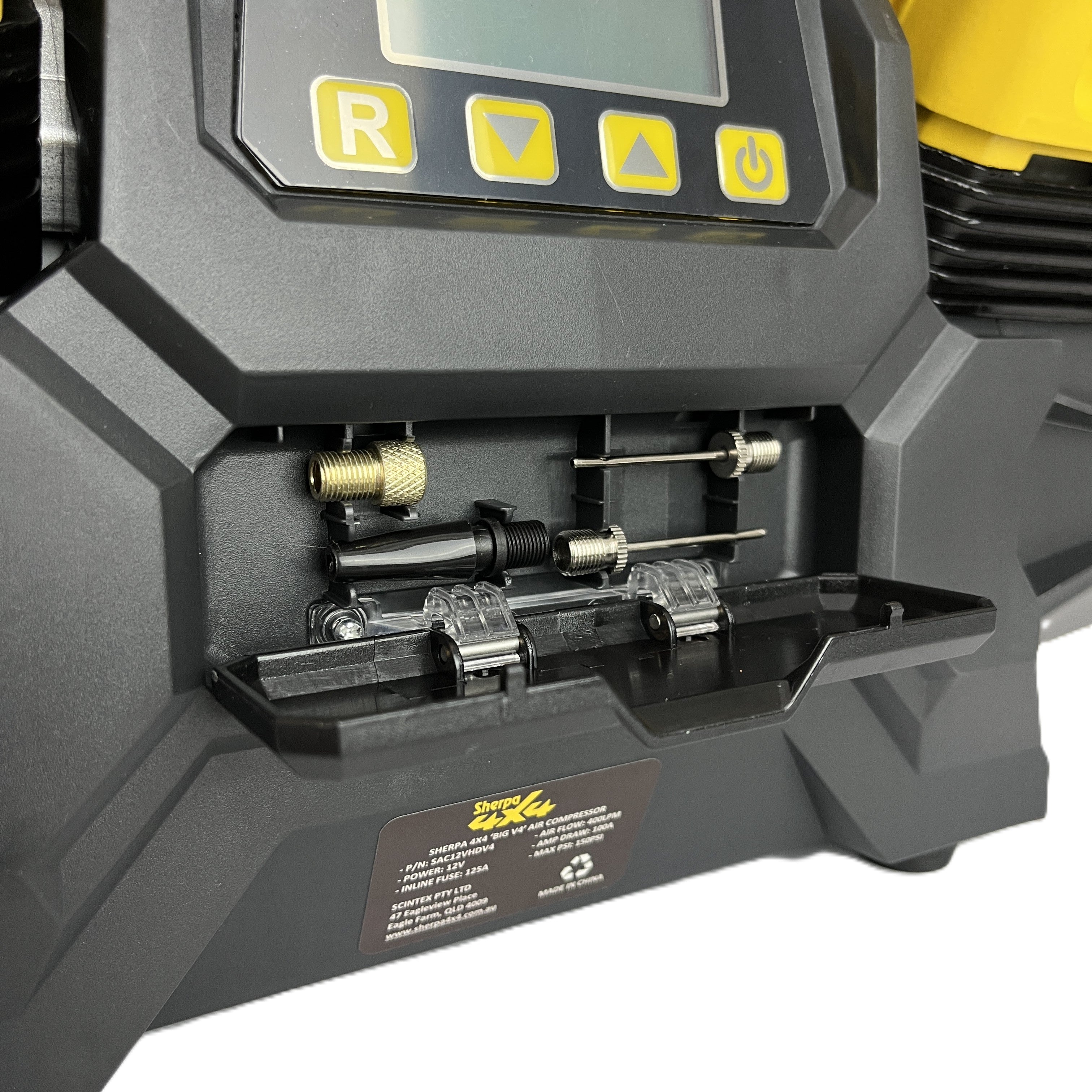 Close-up of the Sherpa 4x4 'BIG V4' Air Compressor (400 L/min) & Digital Tyre Deflator Bundle showing its display, controls, open compartment with metal connectors and springs. Ideal for off-road tyre inflation; branded label below compartment.