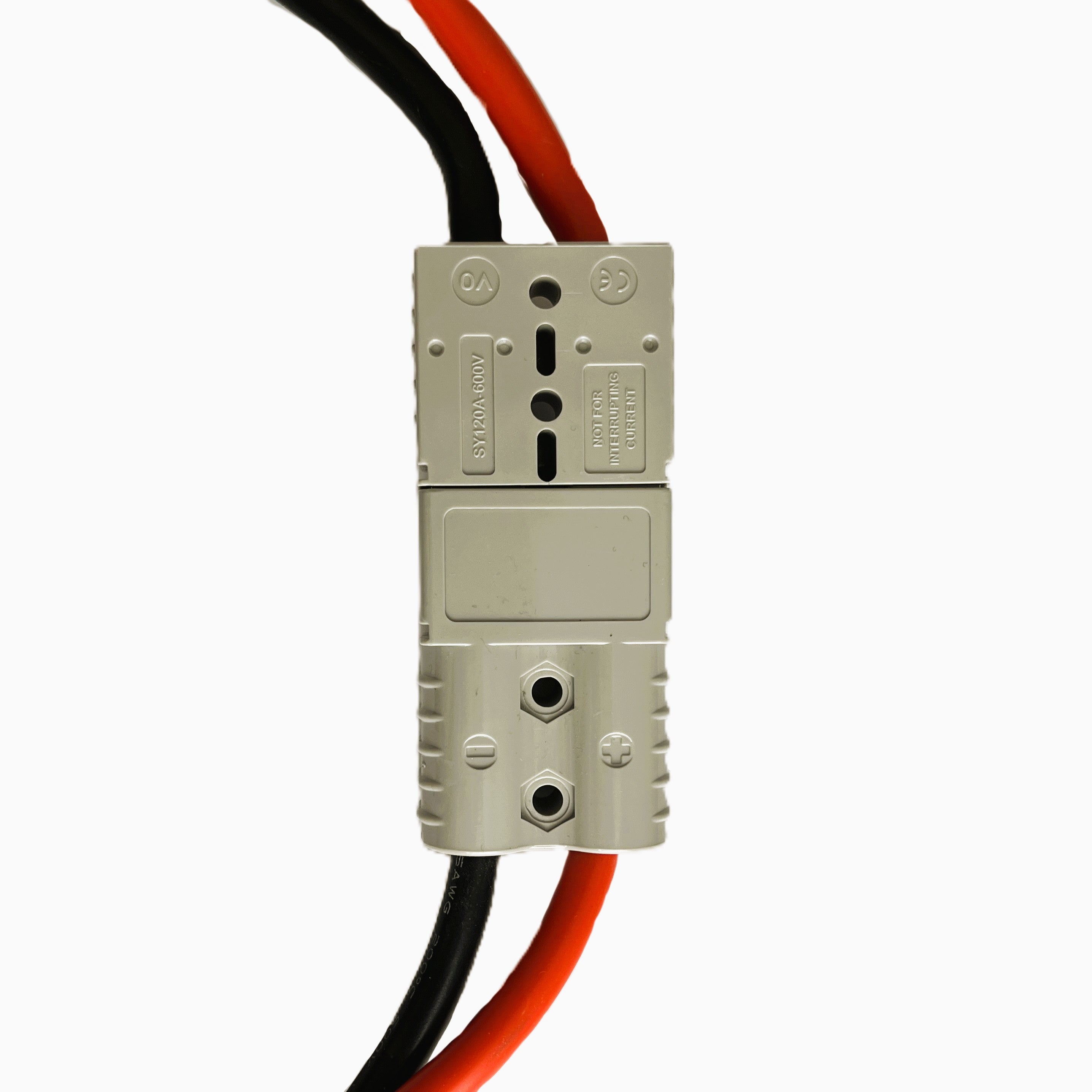 A close-up of a gray power connector with black and red cables, set against a white background—perfect for powering your Sherpa 4x4 'BIG V4' Air Compressor (400 L/min) & Digital Tyre Deflator Bundle during off-road tyre inflation.