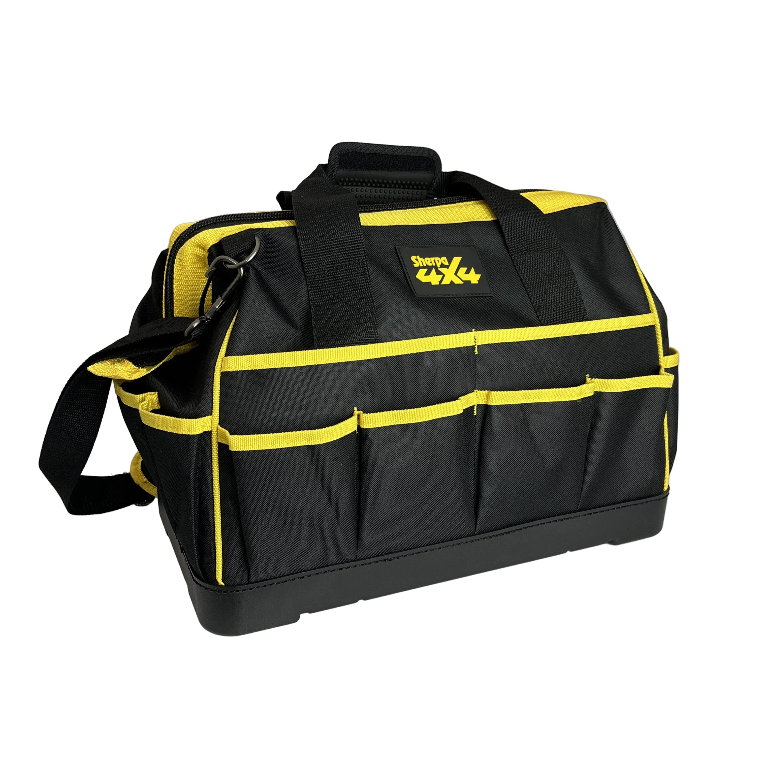 The Sherpa 4x4 'BIG V4' Air Compressor (400 L/min) & Digital Tyre Deflator Bundle comes with a black and yellow tool bag featuring a sturdy handle, exterior pockets, and a shoulder strap for carrying tools or the compressor.