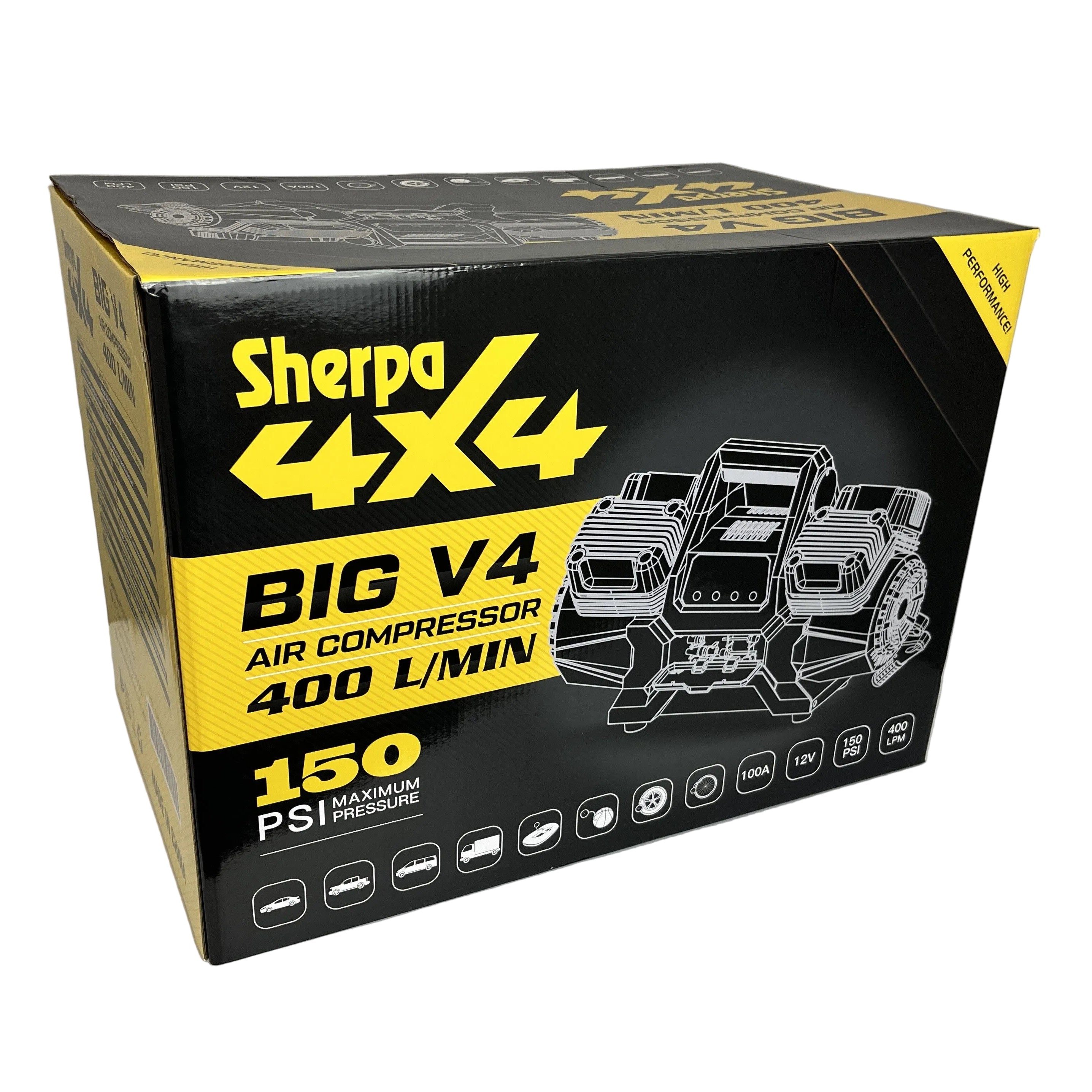 A black and yellow box for the Sherpa 4x4 'BIG V4' Air Compressor (400 L/min) & Digital Tyre Deflator Bundle, ideal for off-road use, shows line drawings of the compressor and icons highlighting its 150 PSI max pressure and key features.