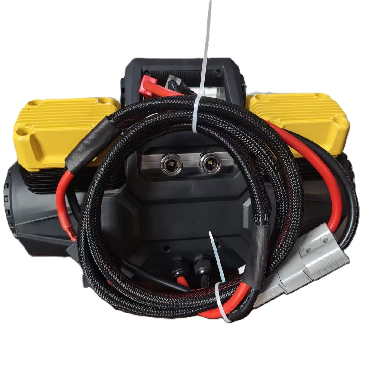 The Sherpa 4x4 'BIG V4' Air Compressor (400 L/min) & Digital Tyre Deflator Bundle features yellow side panels, a black casing, and attached black and red cables neatly coiled at the front.