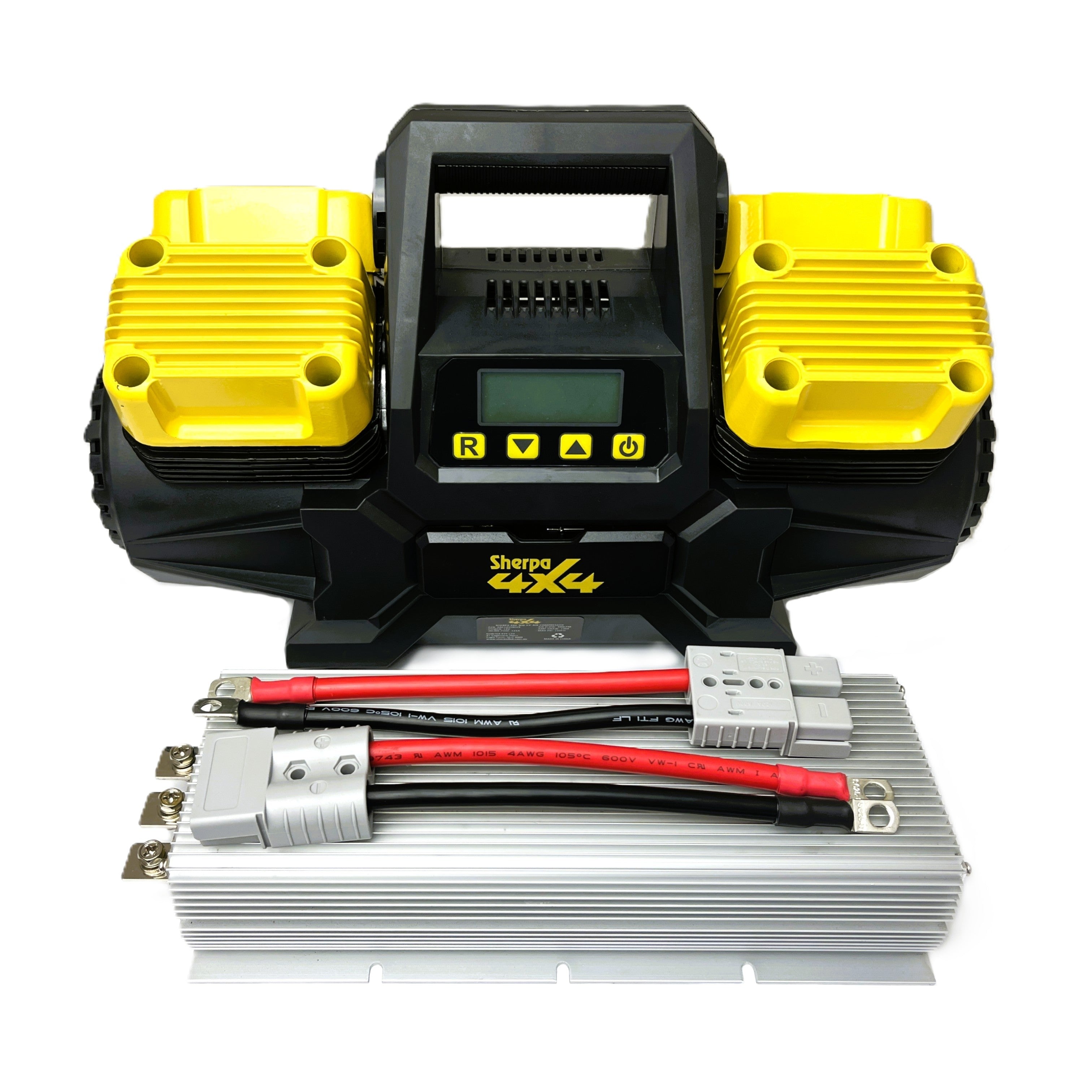 The Sherpa 4x4 'BIG V4' Air Compressor (400 L/min) with Pre-set Pressure Control, in yellow and black, sits behind a silver power inverter with red and black cables and connectors.