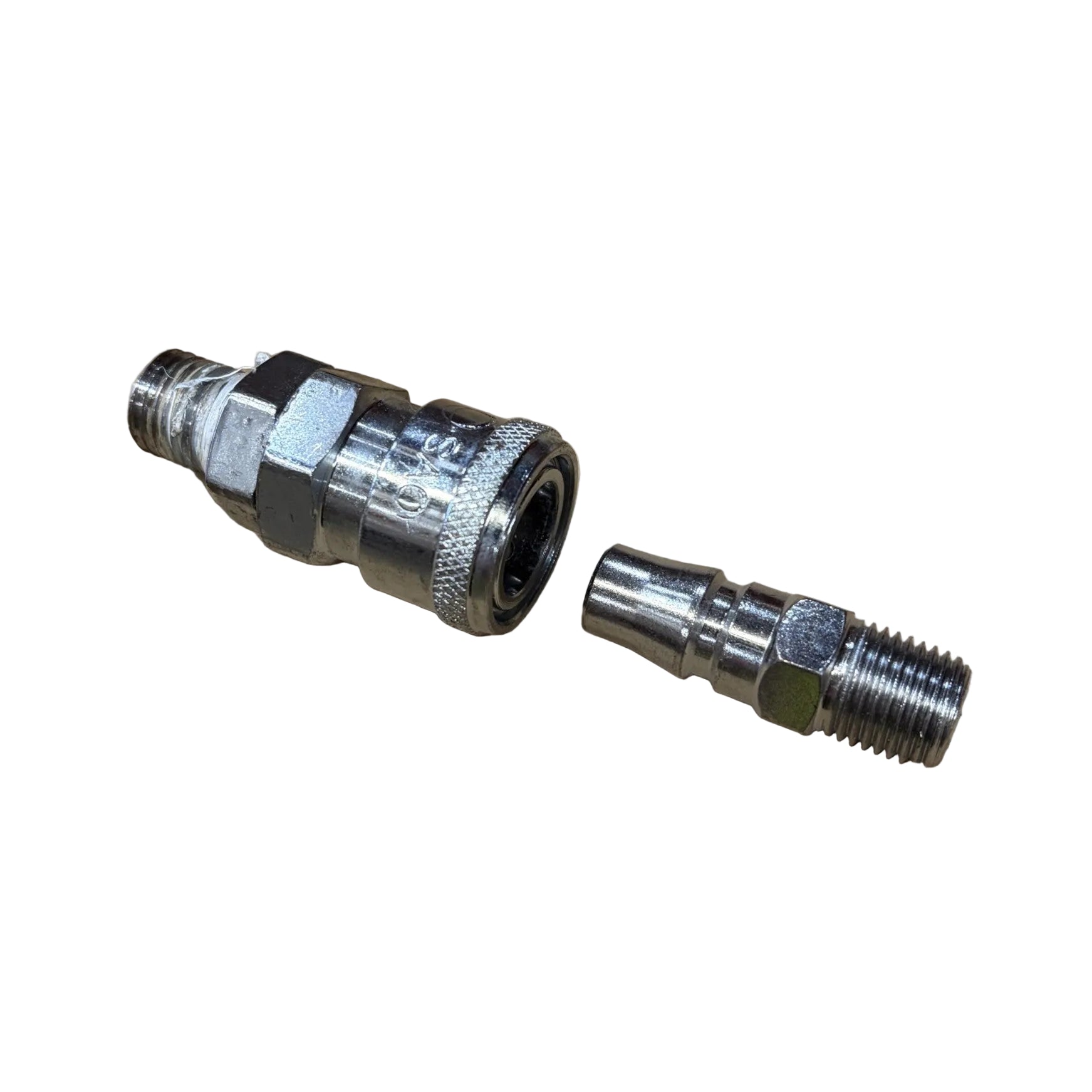 A 1/4″ BSP Nitto-Style Air Fitting Set – 2 Piece, consisting of two metallic pneumatic air hose fittings, a quick-connect coupler, and a matching plug.