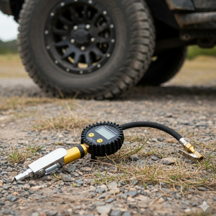 A Scintex Sherpa 4x4 Digital Inflator Nozzle with Nitto fittings and a round display rests on gravel by an off-road vehicle tire. The battery-compatible gauge is housed in a tough black rubber case.