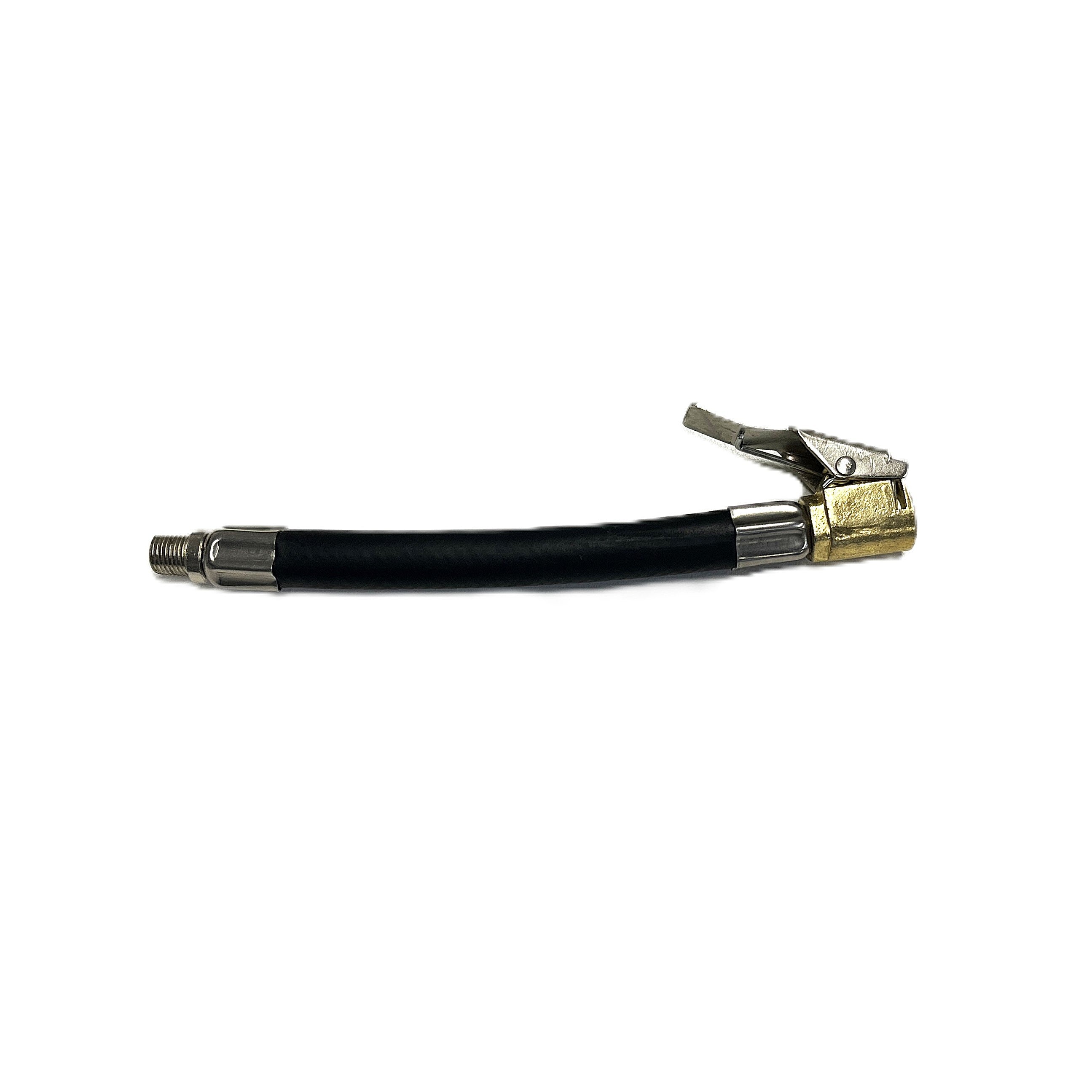 The Sherpa 4x4 BIG V4 Replacement Hose Adaptor is a black rubber tire inflator hose with metal connectors, Quick connector, and locking air chuck lever, compatible with Sherpa 4x4 products. Shown isolated on a white background.