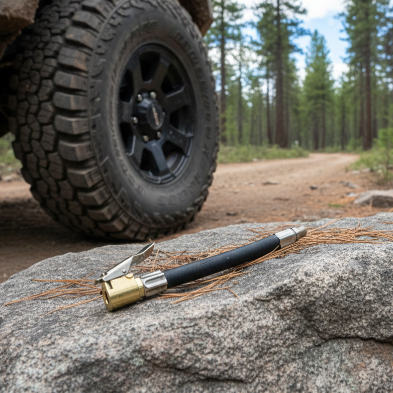 A Sherpa 4x4 BIG V4 Replacement Hose Adaptor tire inflator tool sits on a pine-needle-strewn rock, with a rugged off-road vehicle tire and a forest dirt road in the background, capturing true Sherpa 4x4 adventure.