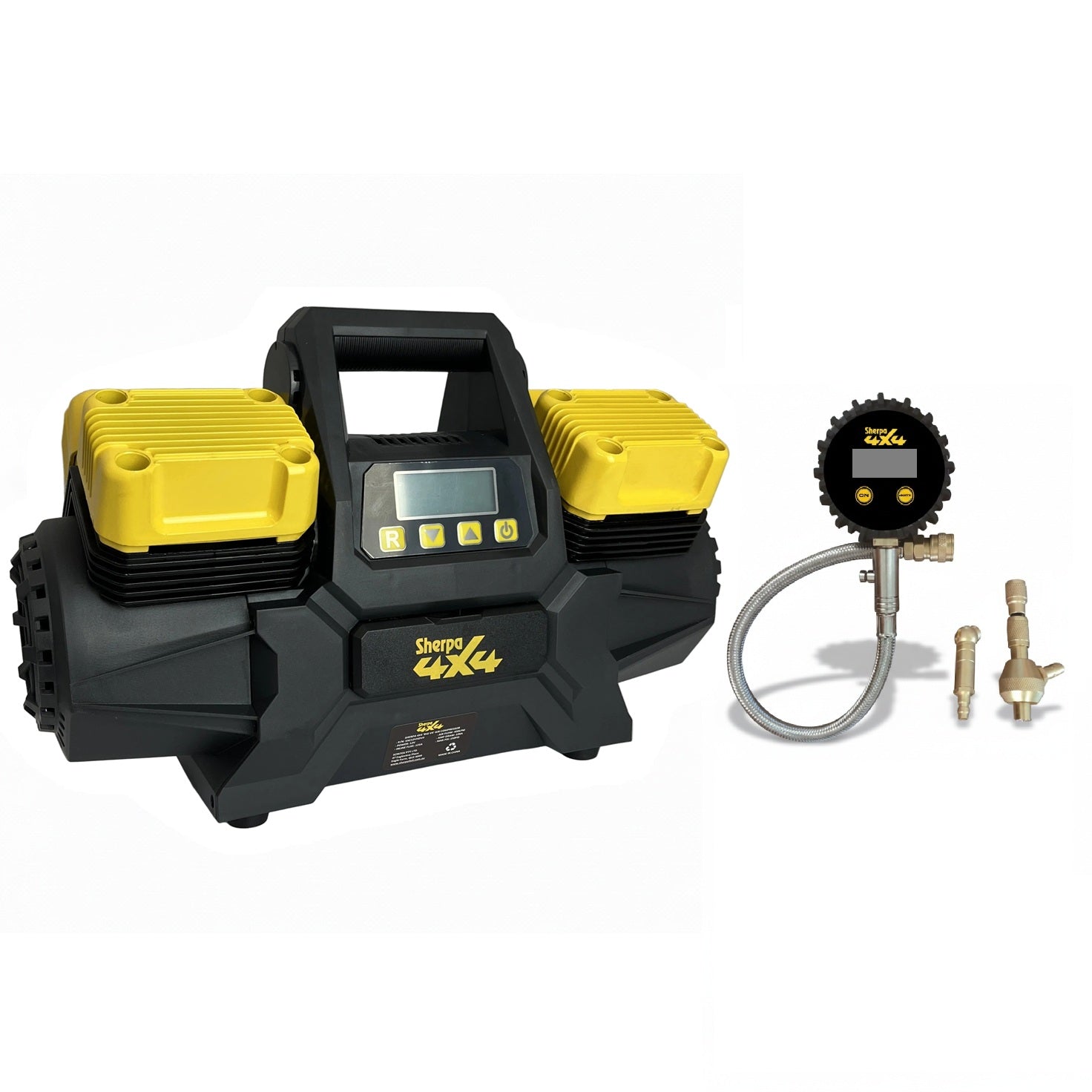 The Sherpa 4x4 'BIG V4' Air Compressor (400 L/min) & Digital Tyre Deflator Bundle by Sherpa 4x4 is shown in black and yellow with a digital display, handle, two yellow covers, pressure gauge, hose, and fittings.