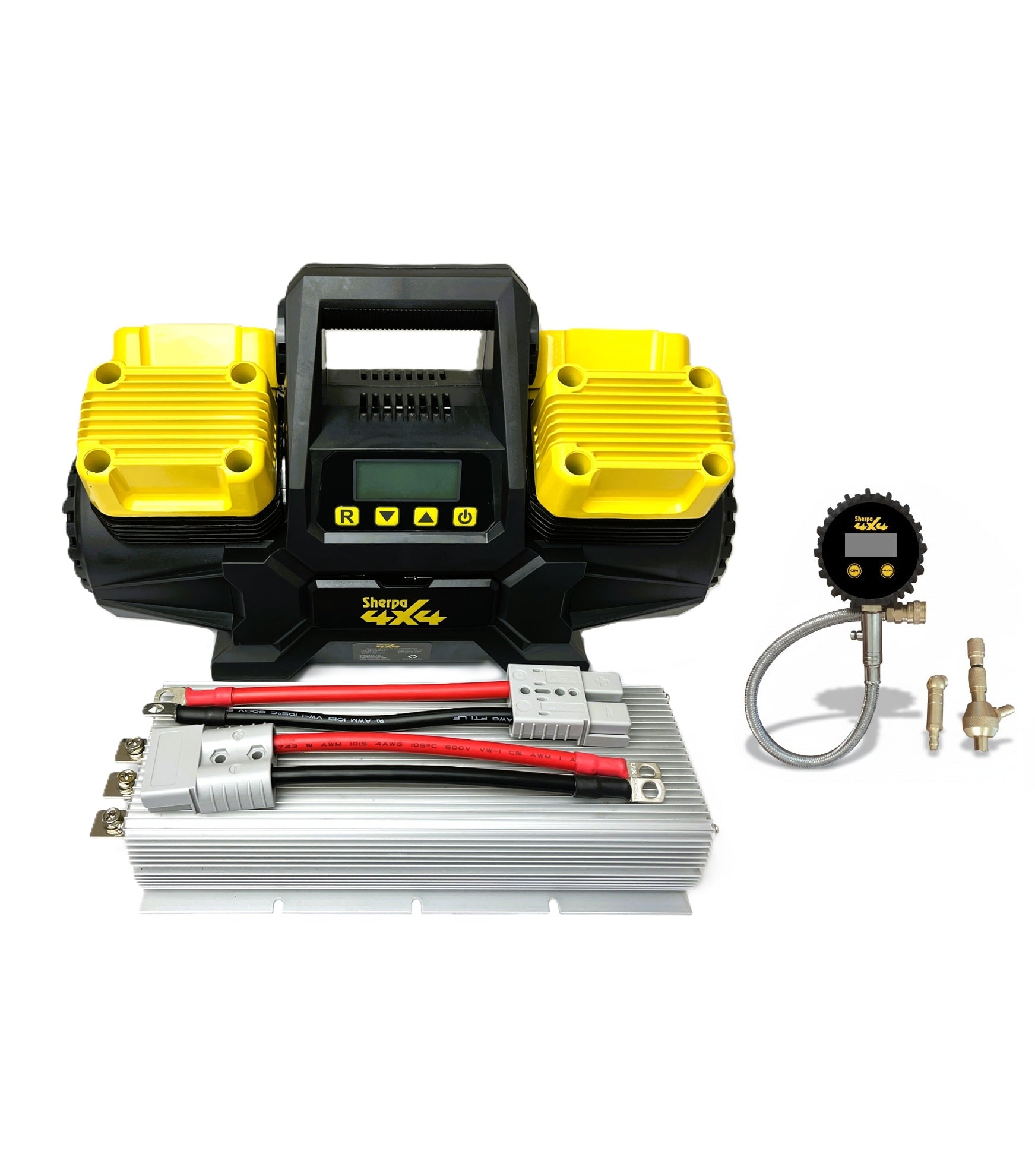 The Sherpa 4x4 'BIG V4' Air Compressor (400 L/min) & Digital Tyre Deflator Bundle is a portable kit with cables, connectors, gauge, hose, and metal fittings—ideal for off-road use.