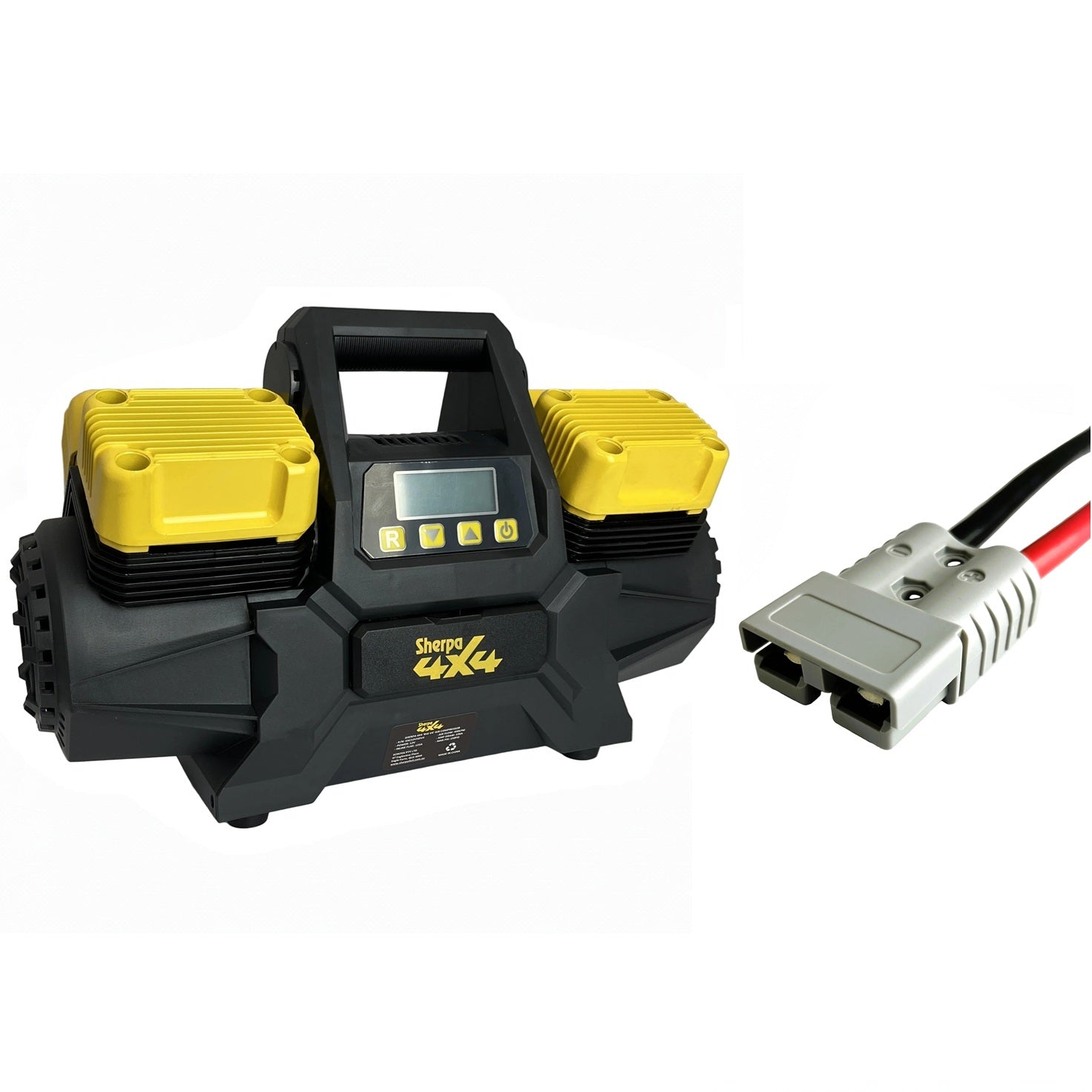 The Sherpa 4x4 'BIG V4' Air Compressor (400 L/min) & Digital Tyre Deflator Bundle features a black and yellow portable design with a digital display and handle—perfect for 4x4 or off-road adventures.