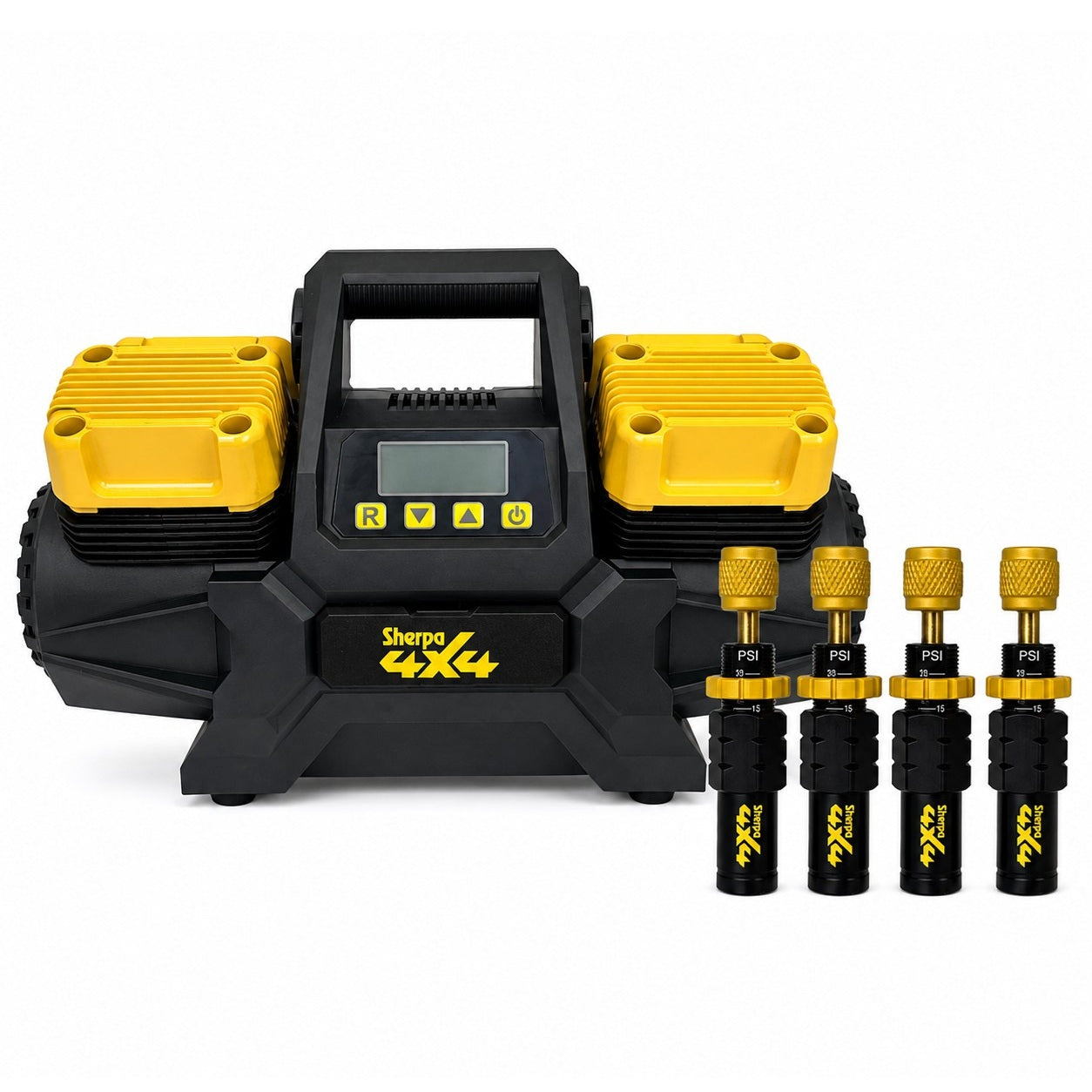 The Sherpa 4x4 'BIG V4' Air Compressor (400 L/min) & Digital Tyre Deflator Bundle—a heavy-duty, portable black and yellow unit with handle and four pressure adapters—ideal for fast 4WD tyre inflation.