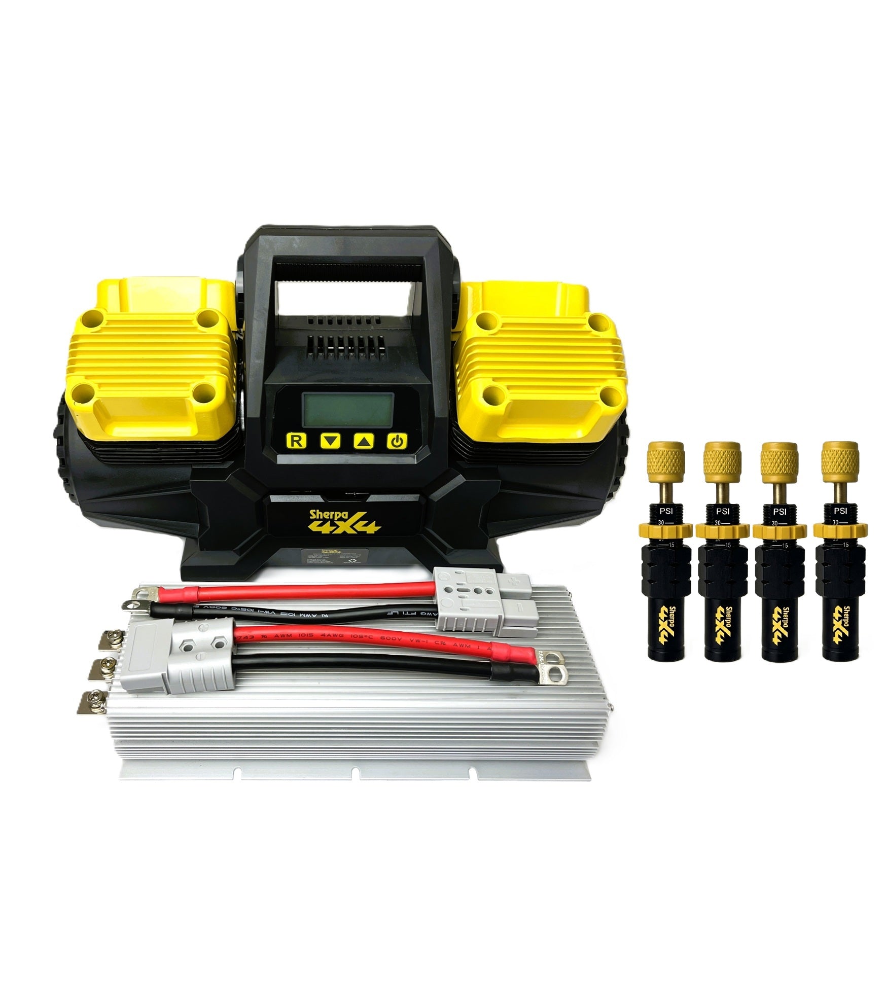 The Sherpa 4x4 'BIG V4' Air Compressor (400 L/min) & Digital Tyre Deflator Bundle is ideal for 4WD tyre inflation, featuring red and black cables, a black and yellow case, a silver adapter, and four gold and black connectors.