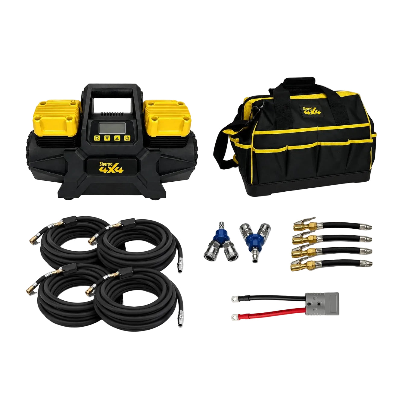 The Sherpa 4x4 ‘BIG V4’ Quad-Air Bundle – a 400 L/min 4-tyre inflation system – includes four hoses, three adapters, and a power cable, and is shown next to a black and yellow tool bag.