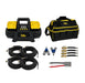 The Sherpa 4x4 ‘BIG V4’ Quad-Air Bundle – a 400 L/min 4-tyre inflation system – includes four hoses, three adapters, and a power cable, and is shown next to a black and yellow tool bag.