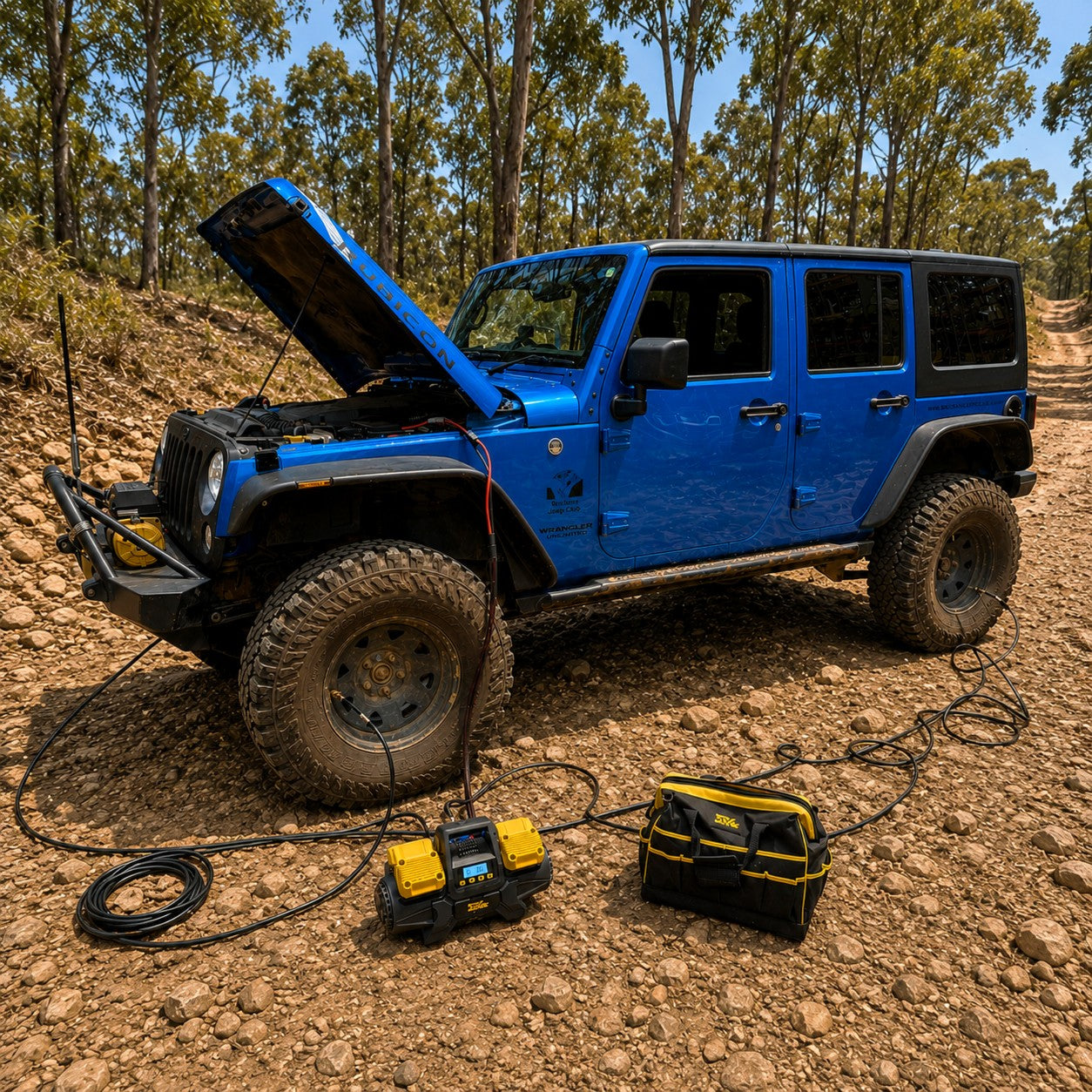 A blue Jeep with its hood open is parked on a rocky dirt road in a forest. Jumper cables connect a battery charger and a tool bag to the vehicle, while the Sherpa 4x4 ‘BIG V4’ Quad-Air Bundle – (400 L/min) 4-Tyre Inflation System from Sherpa 4x4 is ready nearby for quick 4x4 tyre inflation.