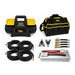 The Sherpa 4x4 ‘BIG V4’ Quad-Air Bundle (400 L/min) 4-Tyre Inflation System is a portable air compressor kit, perfect as an off-road tyre inflator, and comes complete with hoses, fittings, an electrical component, and a black-and-yellow carrying bag—all displayed against a white background.