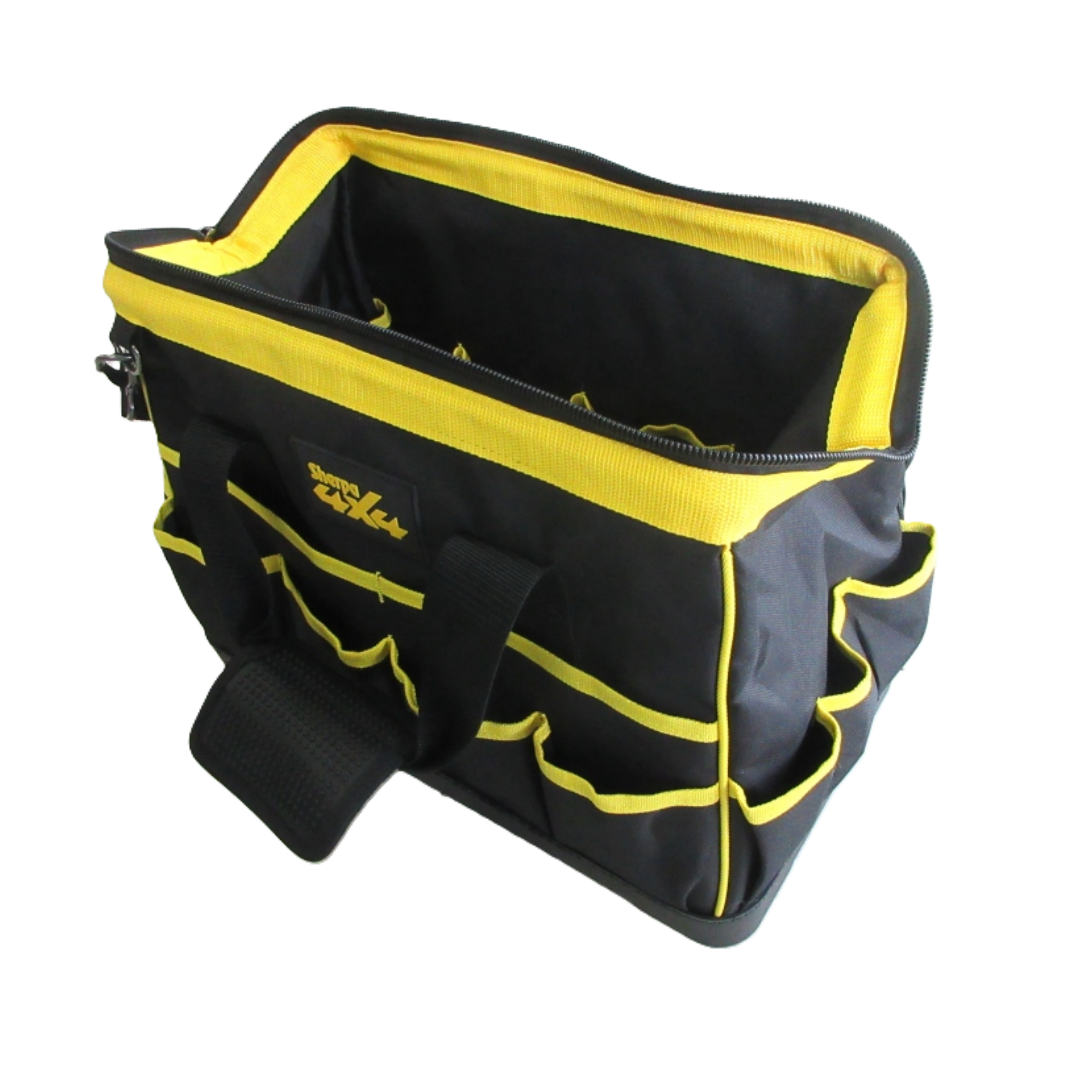 The Sherpa 4x4 ‘BIG V4’ Quad-Air Bundle (400 L/min) 4-Tyre Inflation System is displayed on a white background, featuring a black and yellow tool bag with multiple external pockets and an open main compartment—ideal for transporting essentials such as your portable air compressor or off-road tyre inflator.