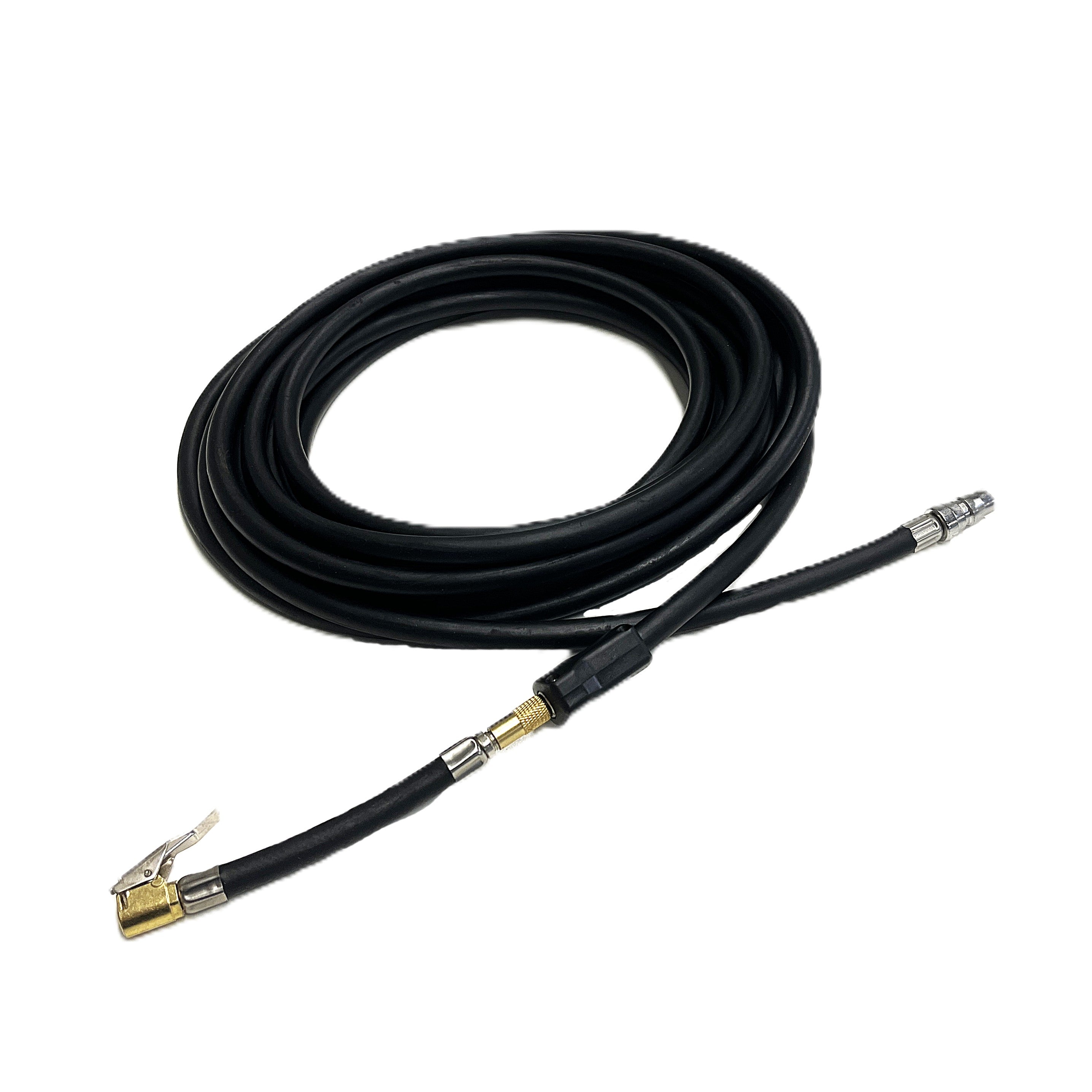 The Sherpa 4x4 BIG V4 Replacement Hose is a coiled black 7m rubber hose with metal connectors and a brass air chuck—perfect for inflating tires and as a replacement part for your Sherpa 4x4 setup.